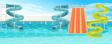 Su parkı kaydırak tüplü güzel bir havuz. Havuzda parlak temiz su, renkli borular. Arkaplanda gökyüzü olan vektör illüstrasyonu.