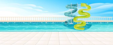 Su parkı kaydırak tüplü güzel bir havuz. Havuzda parlak temiz su, renkli borular. Arkaplanda gökyüzü olan vektör illüstrasyonu.