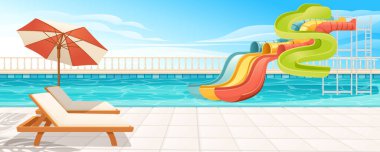 Su parkı kaydırak tüpleri, güneşlik ve şemsiyeli güzel bir havuz. Havuzda parlak temiz su, renkli borular. Arkaplanda gökyüzü olan vektör illüstrasyonu.