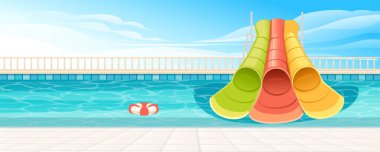 Su parkı kaydırak tüplü güzel bir havuz. Havuzda parlak temiz su, renkli borular. Arkaplanda gökyüzü olan vektör illüstrasyonu.