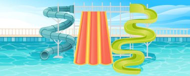 Su parkı kaydırak tüplü güzel bir havuz. Havuzda parlak temiz su, renkli borular. Arkaplanda gökyüzü olan vektör illüstrasyonu.