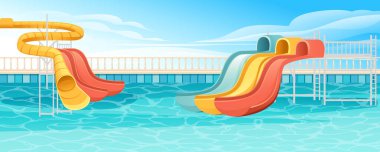 Su parkı kaydırak tüpleri, güneşlik ve şemsiyeli güzel bir havuz. Havuzda parlak temiz su, renkli borular. Arkaplanda gökyüzü olan vektör illüstrasyonu.