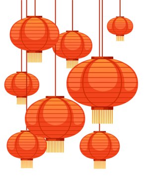 Tebrik kartı veya afiş vektör illüstrasyonu için geometrik şekiller biçiminde geleneksel Asya kırmızı fener tasarımı.