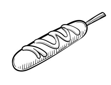 Beyaz arka planda izole edilmiş sosis ve sos vektör illüstrasyonlu el yapımı mısırlı sosis çizimi..