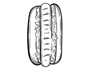 Beyaz arka planda izole edilmiş sosis ve sos vektör illüstrasyonlu el çizimi hot dog çizimi.