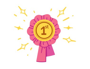 Önce altın madalyalı pembe kurdele. Kurdelenin etrafında, birkaç yıldız ışıltı vektör illüstrasyonu hissi yaratıyor..