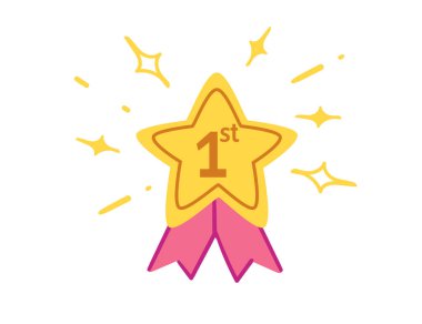 Birinci olan yıldız şeklinde altın madalya. Yıldızın etrafında, bir kaç yıldız ışıltı vektör illüstrasyonunu oluşturur..