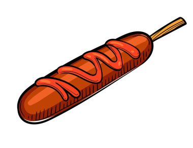 Beyaz arka planda izole edilmiş sosis ve sos vektör illüstrasyonlu el çizimi mısırlı sosis çizimi.