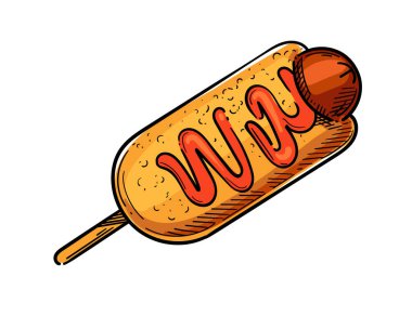 Beyaz arka planda izole edilmiş sosis ve sos vektör illüstrasyonlu el çizimi mısırlı sosis çizimi.