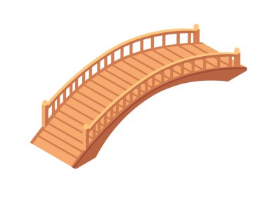 Korkuluklu ahşap köprü. Pürüzsüz, kavisli tasarım köprüsü açık kahverengi ahşap tahtalardan inşa edilmiş. Beyaz arkaplanda izole edilmiş Isometric biçim vektör illüstrasyonu.