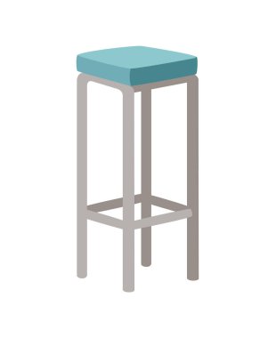Turkuaz yastıklı kare yastıklı ve çelik renkli sandalye. Bar tezgahı için yumuşak yastıklı mobilyalar. Vektör illüstrasyonu beyaz arkaplanda izole edildi.