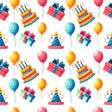Kusursuz desenli tebrik kartı tasarımı doğum günü pastası balonları ve beyaz arkaplanda hediye kutuları çizimi.