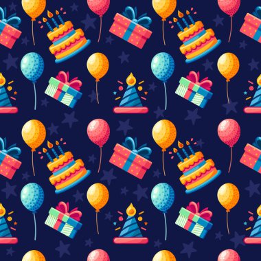 Kusursuz desenli tebrik kartı tasarımı. Koyu arkaplanda doğum günü pastası balonları ve hediye kutuları çizimi var..