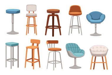 Set of different types of chairs furniture for the hall, bar and hotels vector illustration isolated on white background. clipart