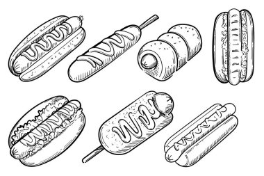Çeşitli stillerde el yapımı sosisli sandviçler, beyaz arkaplanda izole edilmiş tek renkli çizim vektör çizimi.