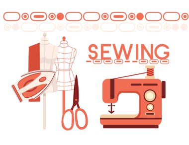 Pankart tasarımı. Retro kırmızı dikiş makinesi, iplik izi ve sahte mankenle. Hobi ya da terzi için klasik ekipman. Beyaz arkaplanda vektör illüstrasyonu.