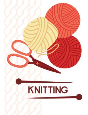 Örgü pankart tasarımı, kırmızı renkte retro tarzı. Makas ve yün yumakları. Beyaz arkaplanda vektör illüstrasyonu.