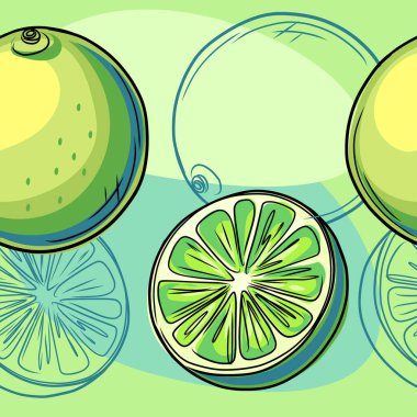 Kusursuz desenli el taze yeşil limon meyvesi çizmiş. Tamamı ve yarısı tropikal turunçgiller familyasından. Vektör illüstrasyonu.