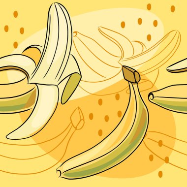Kusursuz desenli el kabuklu taze sarı muz çizmiş. Karalama tarzında tam ve yarım tropikal meyve. Vektör illüstrasyonu.