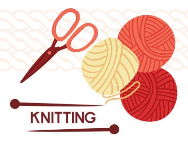 Örgü pankart tasarımı, kırmızı renkte retro tarzı. Makas ve yün yumakları. Beyaz arkaplanda vektör illüstrasyonu.