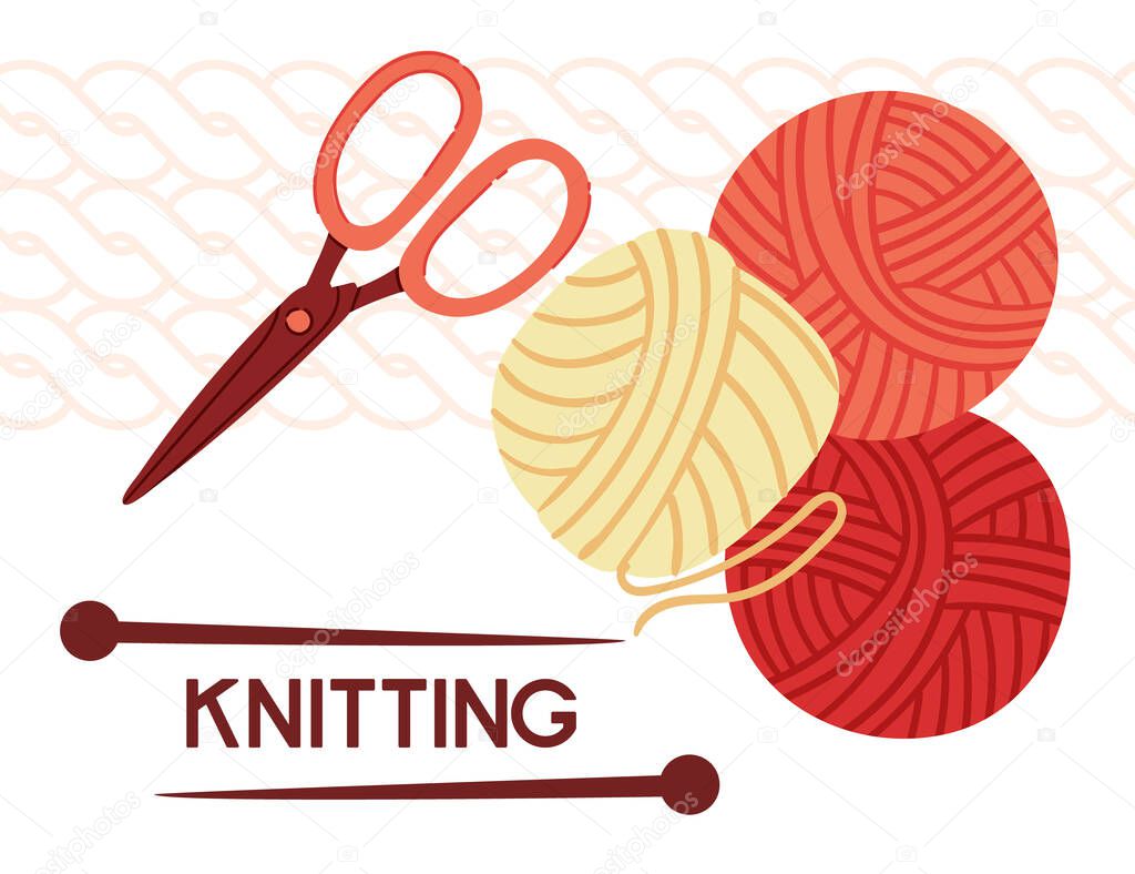 Knitting banner design, retro style in red color. Scissors and balls of wools. Vector illustration on white background.