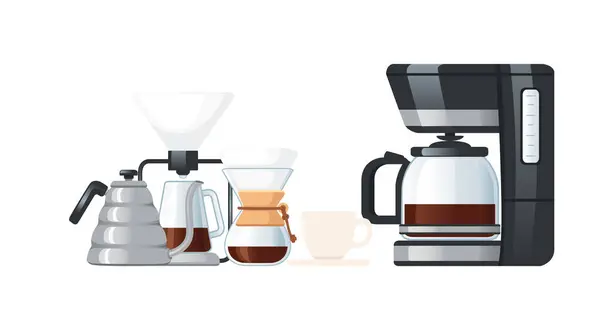 stock vector Various coffee brewing devices: a pour-over setup with a kettle, a Chemex, and a drip coffee maker. A white coffee cup and saucer. Vector illustration isolated on white background.