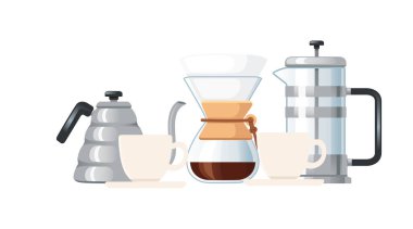 Kaz boynu çaydanlığı, Chemex, Fransız presi ve iki beyaz fincan tabağı, vektör illüstrasyon izole edilmiş beyaz arka plan..