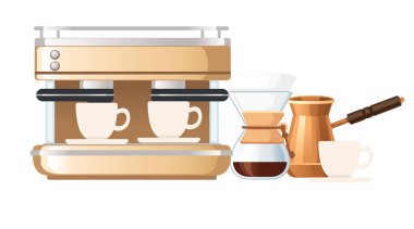 Çeşitli kahve yapma araçları: iki fincanlı bir espresso makinesi, demlenmiş kahveli bir Chemex, bir kahve fincanı ve çay tabağında beyaz bir fincan, vektör çizimi izole edilmiş beyaz arka plan..