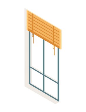 Sarı panjurlu büyük cam pencere. Ev dekorasyonu. Klasik kumaş tasarımı. İzometrik vektör illüstrasyonu beyaz arkaplanda izole edildi.