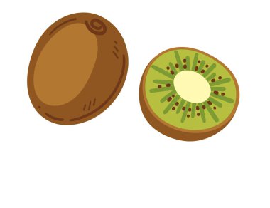 Tam ve yarı yarıya kivi. Tüylü derisi ve tohumları olan yeşil tropik meyve, küçük siyah tohumlarla benekli yeşil et. Lezzetli bir bitki. Vektör illüstrasyonu beyaz arkaplanda izole edildi.