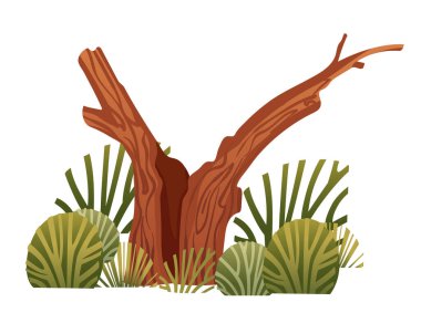 Çimenlik alanda yapraksız, kurumuş ağaç dalı. Issızlık, hayatta kalma ve doğa temaları için mükemmel. Vektör illüstrasyonu beyaz arkaplanda izole edildi.