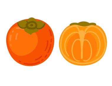 Hurmalar egzotik tropikal bir bütün ve yarım meyve. Olgun taze doğal beslenme, basit çizgi film tarzı tasarım. Vektör illüstrasyonu beyaz arkaplanda izole edildi.