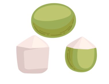 Taze taze hindistan cevizi, bir bütün olarak tasvir edilmiş, ikiye bölünmüş, ve bir porsiyon hindistan cevizi suyu. Tropikal temalar, susuzluk, mutfak kullanımı için idealdir. Vektör illüstrasyonu beyaz arkaplanda izole edildi.