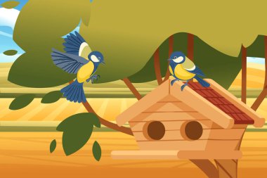 Wooden birdhouse hanging from a tree branch with tit birds. Birdhouse simple design with a round entrance and a small perch. Perfect shelter for birds in a natural setting. Vector illustration.