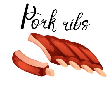 Lezzetli ızgara domuz pirzolası. Lezzetli. Et parlak bir cila ile tasvir edilir. Barbekü menüleri ve yemek sanatı için uygun zarif el yazısı etiketi. Vektör illüstrasyonu beyaz arkaplanda izole edildi.