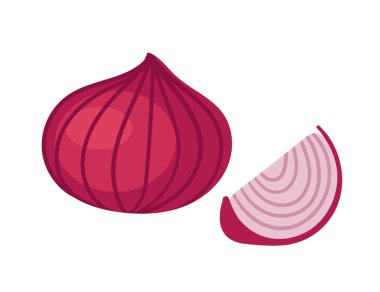 Tam ve bir dilim kırmızı soğan. Kabuklu taze çiğ sebze soğanı. Vektör illüstrasyonu beyaz arkaplanda izole edildi.