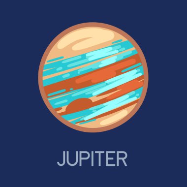 Unvanı olan parlak Jüpiter gezegeni. Dinamik girdapları ve dokuları olan güneş sistemi gezegeni. Eğitici içerik ve astronomi için mükemmel. Koyu mavi arkaplanda izole edilmiş vektör illüstrasyonu.