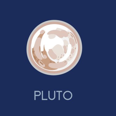 Ünvanlı Parlak Plüton gezegeni. Değişik yüzey özellikleri ve buzlu manzaralı güneş sistemi gezegeni. Eğitici içerik ve astronomi için mükemmel. Koyu mavi arkaplanda izole edilmiş vektör illüstrasyonu.