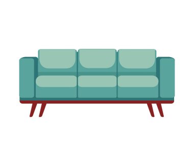 Modern yüzyılın ortalarında tasarlanmış zarif bir deniz mavisi kanepesi. Ev dekorasyonu katalogları, iç tasarım promosyonları ve mobilya reklamları için ideal. Vektör illüstrasyonu beyaz arkaplanda izole edildi.