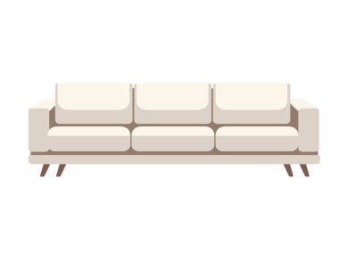 Modern, minimalist tasarımı olan bej bir kanepe. Oturma odası düzenlemeleri, modern dekor katalogları ve mobilya promosyonları için ideal. Vektör illüstrasyonu beyaz arkaplanda izole edildi.