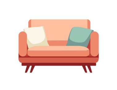 Şeftali renkli yastıklı kanepe. Konforlu ev dekorasyonu, oturma odası dekorasyonu ve mobilya reklamları için mükemmel. Vektör illüstrasyonu beyaz arkaplanda izole edildi.