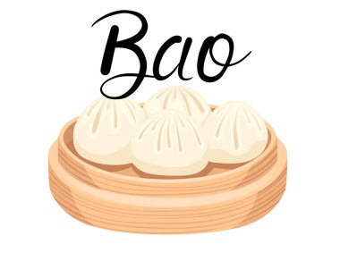 Traditional Chinese steamed pork bun Bao on bamboo round tray. Buns with handwritten label. Ideal for Asian restaurant menus, food blogs. Vector illustration isolated on white background. clipart