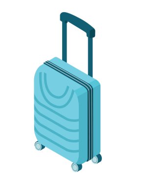 Tekerlekli mavi sert kabuklu bavul. Isometric tarzı bagaj. Vektör illüstrasyonu beyaz arkaplanda izole edildi.