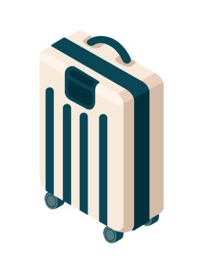 Çizgili mavi ve beyaz kabuklu tekerlekli bavul. Isometric tarzı bagaj. Vektör illüstrasyonu beyaz arkaplanda izole edildi