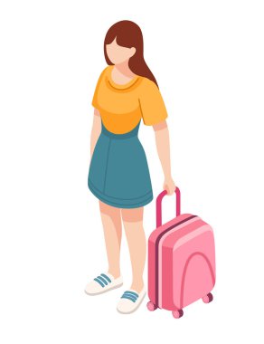 Pembe bavullu kadın yolculuğa hazır. Bagajı olan Isome tarzı bir insan. Vektör illüstrasyonu beyaz arkaplanda izole edildi.