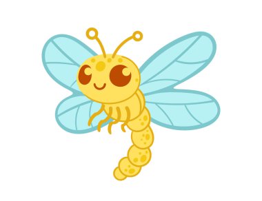 Gülen yüzlü sevimli bir yusufçuk çizgi romanı. Çizgi film böcek tasarımı. Vektör illüstrasyonu beyaz arkaplanda izole edildi.