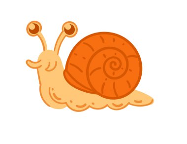 Gülen suratlı sevimli çizgi film salyangozu. Komik böcek tasarımı. Vektör illüstrasyonu beyaz arkaplanda izole edildi.