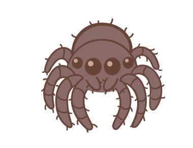 Gülen yüzlü şirin çizgi film örümceği. Komik böcek tasarımı. Vektör illüstrasyonu beyaz arkaplanda izole edildi.