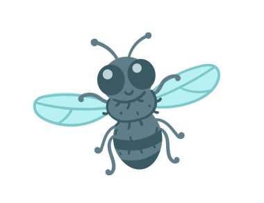 Gülen yüzlü şirin bir çizgi film sineği. Komik böcek tasarımı. Vektör illüstrasyonu beyaz arkaplanda izole edildi.