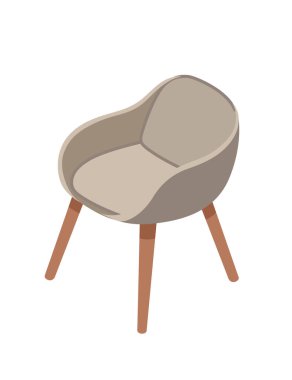 Ahşap tezgahta modern rahat koltuklar. Isometric tarzı. Yastıklı sandalye. Vektör illüstrasyonu beyaz arkaplanda izole edildi.